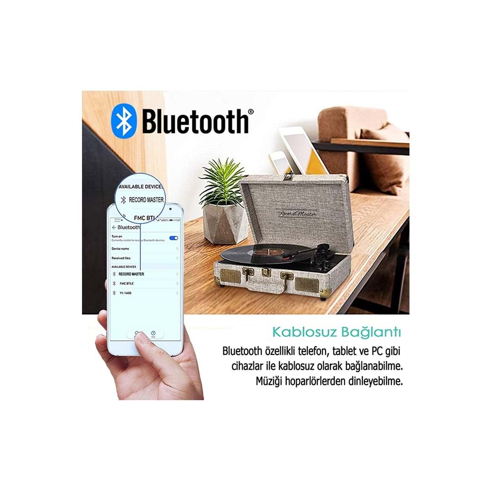 Record Master Retro Pikap – Bluetooth Özellikli – Özel Kumaş Kaplama – Tüm Plakları Çalabilme