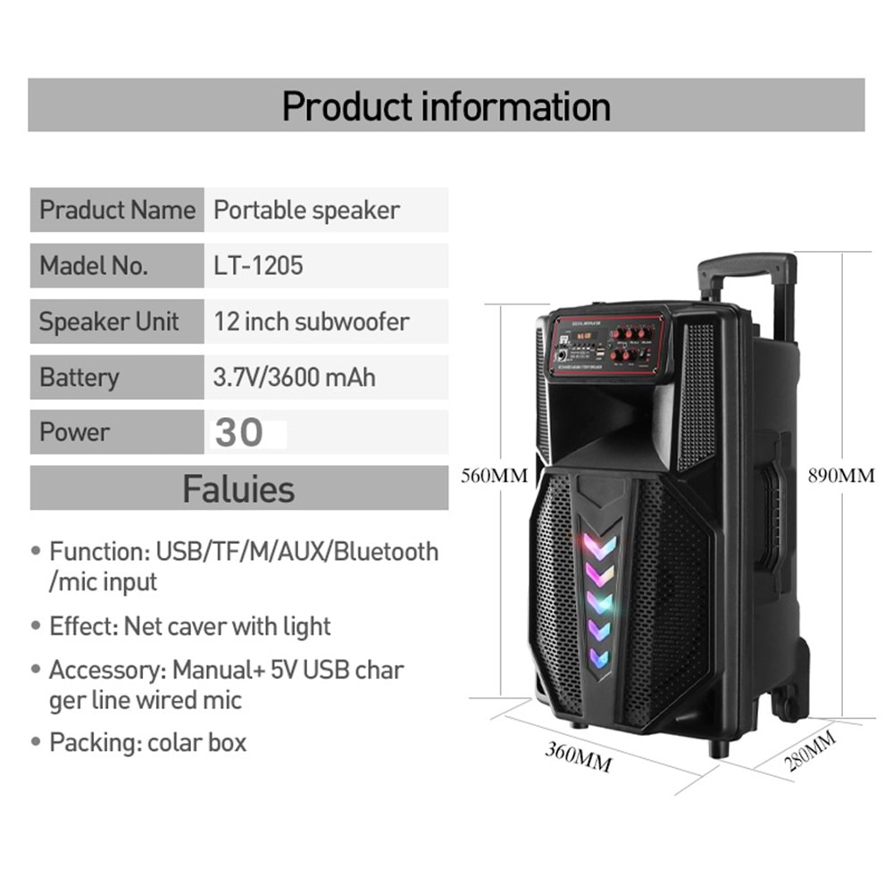 Lt-1205 Şarzlı ve Bluetooh ve Telsiz Mikrofonlu Karaoke Party Box Taşınabilir Şarjlı Hoparlör