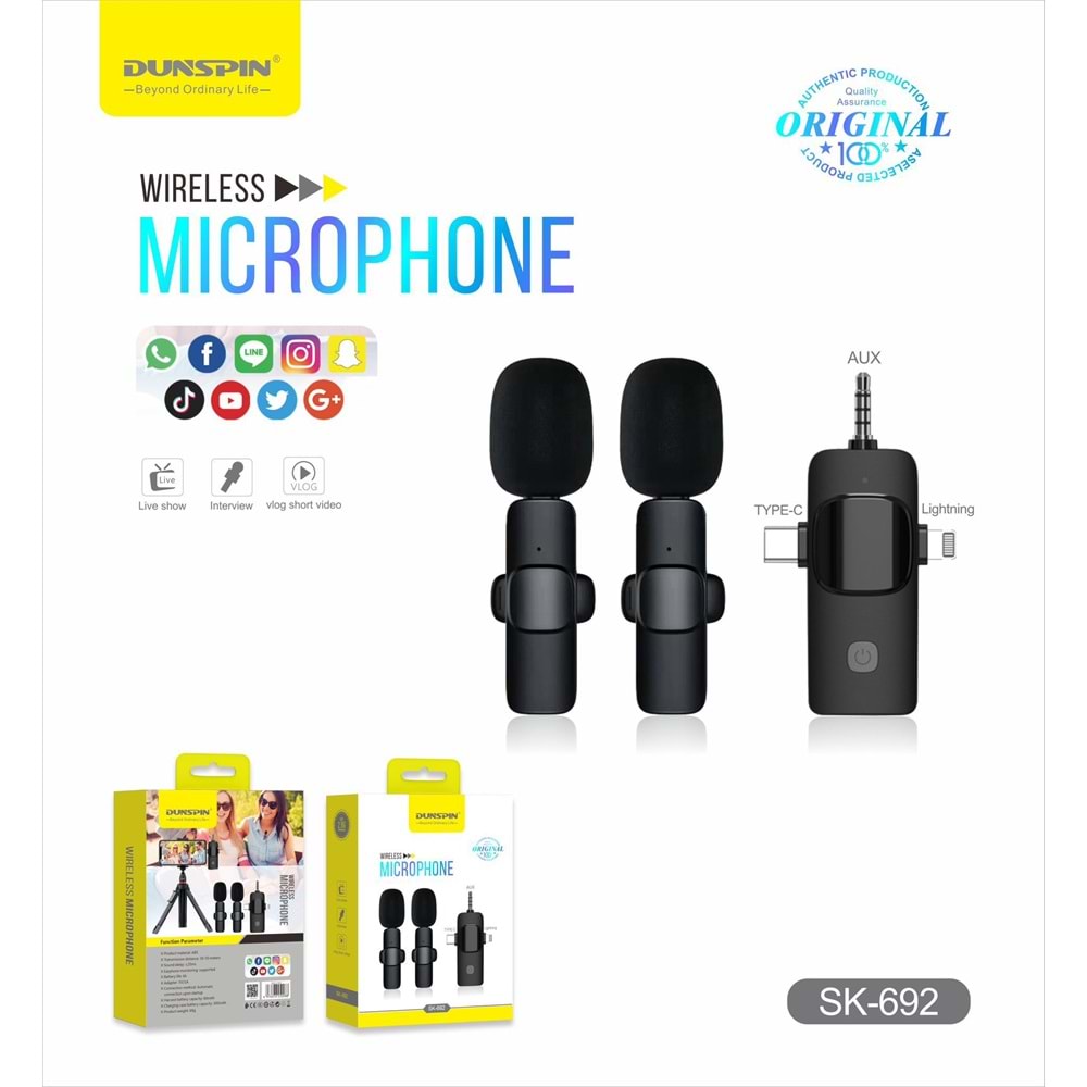 Dunspin SK-692 Kablosuz Yaka Mikrofon Android iPhone Cep Telefonu Podcast