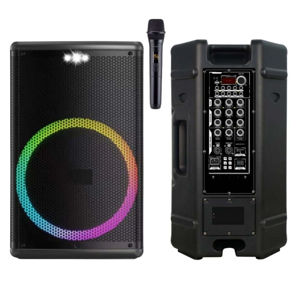 HEPU HP-101 Profesyonel Bluetooth Hoparlör – 15” Woofer, RGB Işıklar, Kablosuz Mikrofonlu, Taşınabilir Tasarım