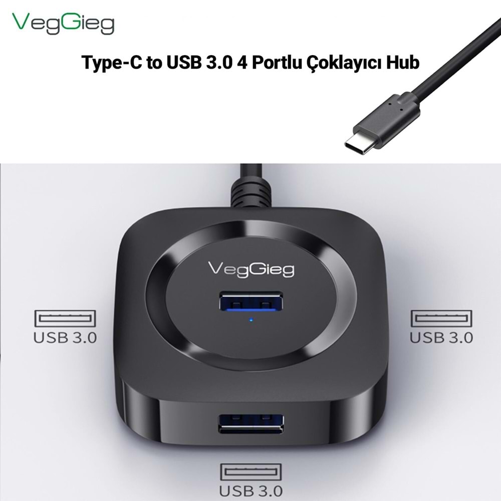 VegGieg 4 Portlu Type-C to USB 3.0 Çoklayıcı Hub Siyah, Type-C üzerinden bilgisayarınıza 4 adet USB 3.0 bağlantı noktası ekler. Bu sayede klavye, mouse, USB bellek ve HDD gibi USB cihazlarını aynı anda kullanmanıza olanak tanır. Micro USB (5V2A) dest