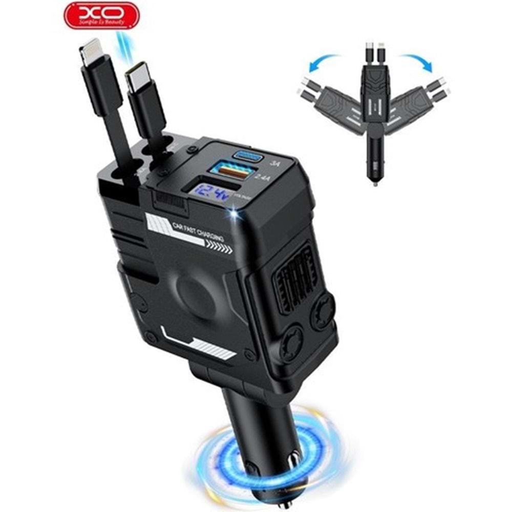 XOCC66 104W Dahili Type-C & Lightning Kablolu Usb-A & Usb-C Çıkışlı Araç Içi Çakmaklık Şarj Aleti