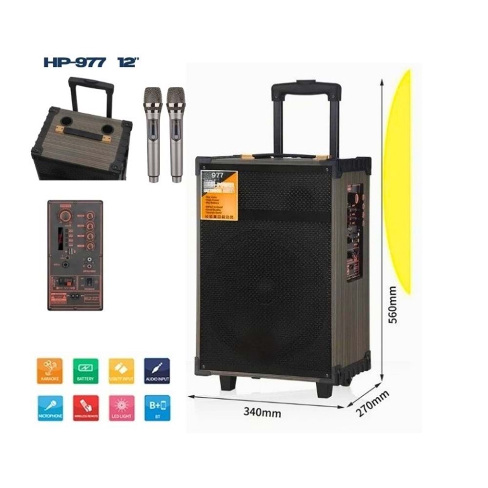 HP-977 Partybox Bluetooth Hoparlör – 12” Woofer, 50W Güç, 2 Kablosuz Mikrofon + Kumanda, TWS Destekli