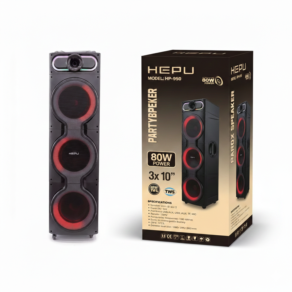 Hepu HP918 Partybox Bluetooth Hoparlör 80W RGB 2 Kablosuz Mikrofon Kumandalı Ses Sistemi