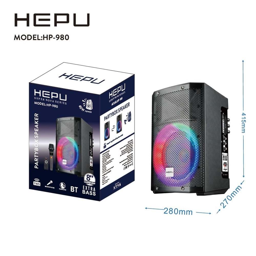 HEPU HP980 Partybox Bluetooth Hoparlör – 8” Hoparlör, 60W Güç, RGB Işık, TWS Destekli