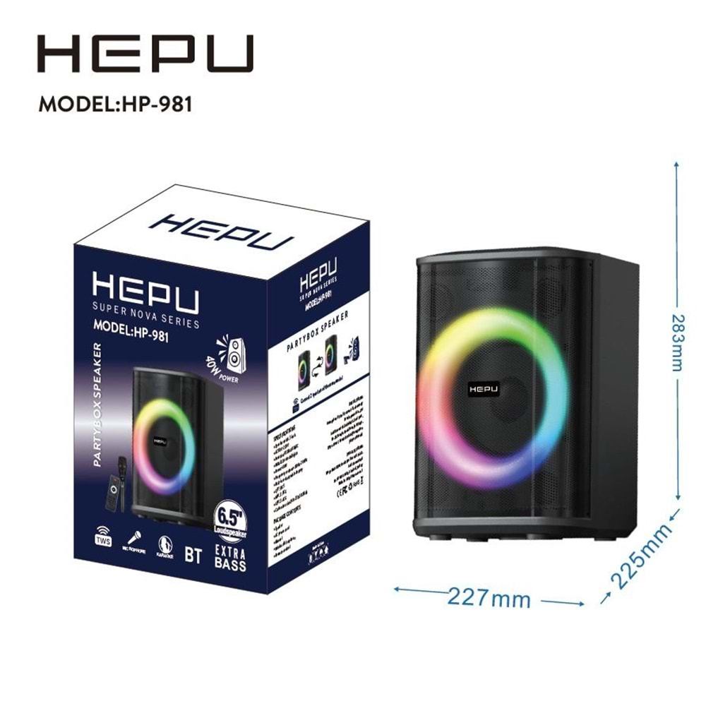 HEPU HP-981 Partybox Bluetooth Hoparlör – 6.5” Hoparlör, 40W Güç, RGB Işık, TWS Destekli