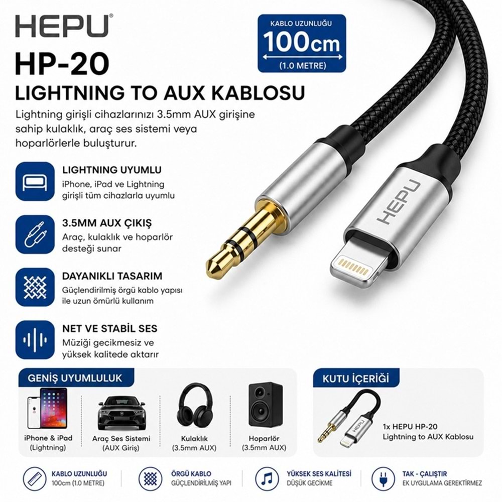 Hepu HP-20 Aux Kablosu Lightning İphone Jack Çevirici