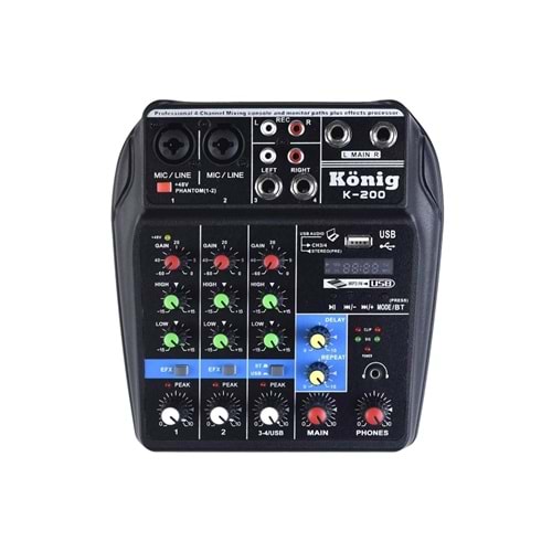 K-200 Ses Kartlı Mixer 4 Kanal Bluetooh Usb