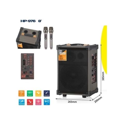 HP-976 Partybox Bluetooth Hoparlör – 8” Woofer, 40W Güç, 2 Kablosuz Mikrofon + Kumanda, TWS Destekli