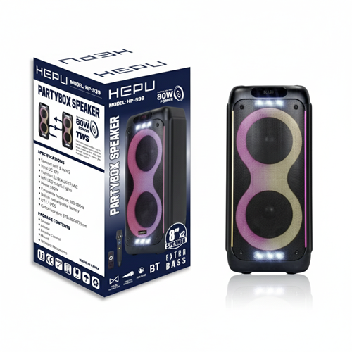Hepu HP939 Taşınabilir Bluetooth Hoparlör 2*8 İnç 80W Rgb Kablosuz Mikrofonlu Karaoke Ses Sistemi