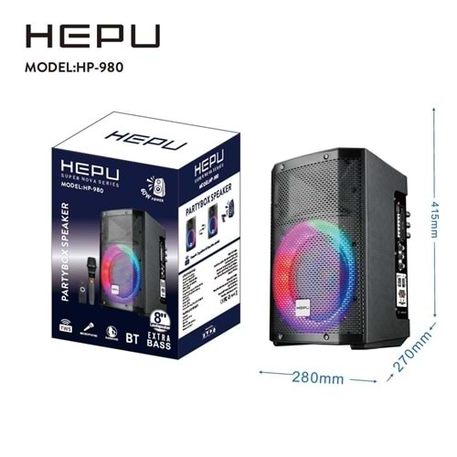 HEPU HP980 Partybox Bluetooth Hoparlör – 8” Hoparlör, 60W Güç, RGB Işık, TWS Destekli
