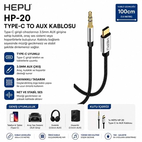 Hepu HP-20 Aux Kablosu Type-C Jack Çevirici