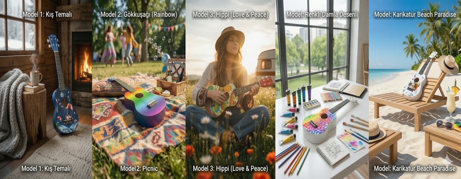 21 inç ukulele modelleri - 7 renk seçeneği ile stokta