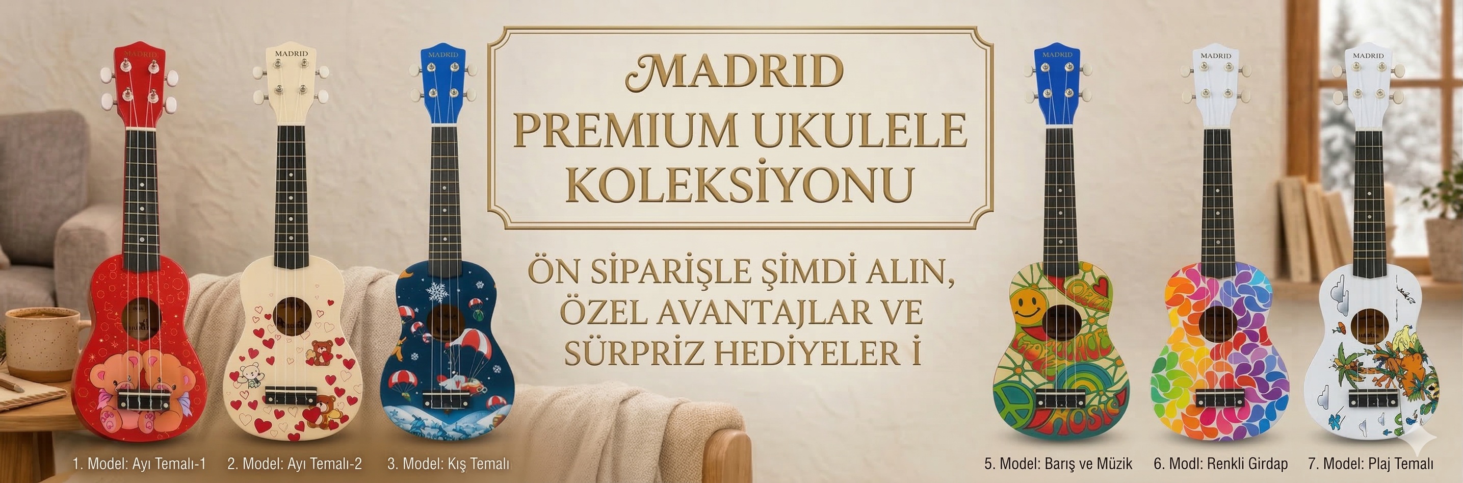 21 inç ukulele modelleri - 7 renk seçeneği ile stokta
