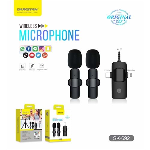 Dunspin SK-692 Kablosuz Yaka Mikrofon Android iPhone Cep Telefonu Podcast