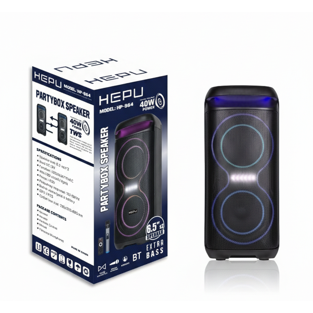 Hepu HP954 Şarjlı Taşınabilir Bluetooth Parti Hoparlörü 6.5 inc*2 40W Bluetooth Parti Ses Sistemi